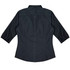 A dark shirt with 3/4 sleeves and a fitted design, featuring a back yoke and a logo.