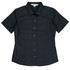 A black short-sleeve button-up shirt with a fitted design and a collar, featuring branding.