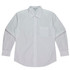 A long sleeve white button-up shirt with a single chest pocket and a logo on the collar.