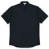 A short sleeve button-up shirt in black, featuring a front pocket and a classic collar. The shirt has a logo.