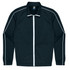 A black kids' jacket with white piping, featuring a full zip and a collar. It has a logo on the inside.