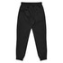 Black track pants with an elastic waistband and cuffs, featuring a logo on the design.