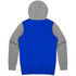 A blue hoodie with grey sleeves and a hood, featuring a logo on the back.