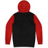 A black and red hoodie featuring long sleeves and a hood, with a solid rear design and a branding logo.