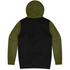 A hoodie featuring a black body and green sleeves, with a hood and a branded logo.