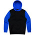 A black hoodie with a blue hood and sleeves, featuring a front pocket and a logo.