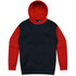 A hoodie featuring a red hood and sleeves with a navy body, complete with a front pocket and logo.