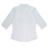 A white button-up shirt with 3/4 sleeves, featuring a fitted back design and a collar. It has a logo on it.
