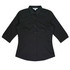 A black 3/4 sleeve button-up shirt with a fitted silhouette and a collar, featuring a logo.