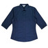 A button-up shirt in navy blue with 3/4 sleeves and a collar. The shirt has a logo on it.