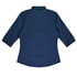 A navy button-up shirt with 3/4 sleeves and a fitted back design. Features a collar and one logo.