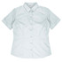 A light grey button-up shirt with short sleeves and a fitted design. It features a collar and a logo.