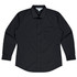 A long-sleeve button-up shirt in black, featuring a single chest pocket and a branded label.