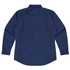 A long sleeve button-up shirt in navy blue, featuring a back view with a logo present.