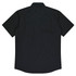 A short sleeve black button-up shirt featuring a simple design. Includes a logo on the front.