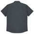 A short-sleeve button-up shirt in charcoal grey with a logo on the back and a smooth fabric finish.