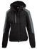 A black and grey women's jacket with a hood. Features a logo and zippered pockets.