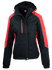 A black and red women's jacket with a hood, featuring a zippered pocket and a logo on the chest.