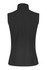 A black women's work vest featuring a high collar and a fitted design, with a logo on the back.