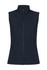 A navy vest with a high collar and multiple zippered pockets, featuring a logo. Ideal for workwear.