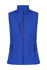 A blue work vest with a high collar and multiple zippered pockets, featuring a logo.