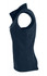 A navy blue sleeveless work vest featuring a zip front and two side pockets. It includes a logo.