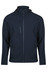 A dark navy jacket featuring a zip front, two front pockets, and an adjustable hood. It has a logo on it.