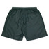 Green kids' sports shorts with an elastic waistband and a back pocket. Features a logo.