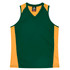 A green and gold singlet featuring a V-neck design and a logo on the neckline.