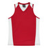 A red singlet with white side panels, featuring a V-neck design and a logo on the neckline.