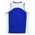A blue and white singlet with a round neck and a logo on the back.