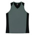 A grey singlet with black side panels and a v-neck design, featuring a logo on the inside label.