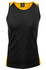 A black and yellow athletic singlet featuring a logo on the label at the neckline.