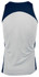 A men's singlet in white with navy blue panels, featuring a logo on the back.