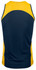 A men's singlet featuring a navy blue body with yellow accents and a logo.