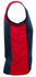 A singlet featuring a red and navy colour scheme, with a logo on the side.