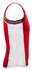 A red and white men's singlet with a fitted design and a logo on it.