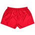 A pair of red rugby kids shorts with an elastic waistband and a smooth, shiny finish.