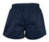 Navy men's rugby shorts featuring an elastic waistband and a logo. Suitable for sports uniforms.