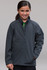 A girls' soft shell jacket in grey, featuring a zip front and a close-fitting collar, with a logo on the chest.