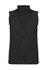 A black sleeveless vest with a front zip and side pockets, featuring a logo on the upper left.