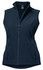 A navy blue vest with a zip closure and two front pockets, featuring a logo on the upper inside.