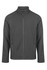 A soft shell jacket in charcoal grey featuring a zip front and two side pockets. It has a logo on the chest.