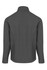 A soft shell jacket in dark grey, featuring a clean design and a collar, with a branding logo.
