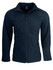 A navy soft shell jacket with a zip closure and pockets, featuring a branded logo.