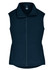 A navy blue vest with a zip front and pockets, featuring a high collar and a branded logo.