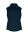 A sleeveless navy work vest with a high collar and zippered pockets, featuring a logo.