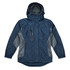 A navy blue jacket with grey side panels and a hood. It features a front zip pocket and branding.