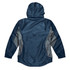 A navy and grey jacket featuring a hood and side panels, with a logo on the back.