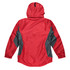 A red and grey jacket with a hood, featuring side panels and elastic cuffs. The back view is prominently displayed.